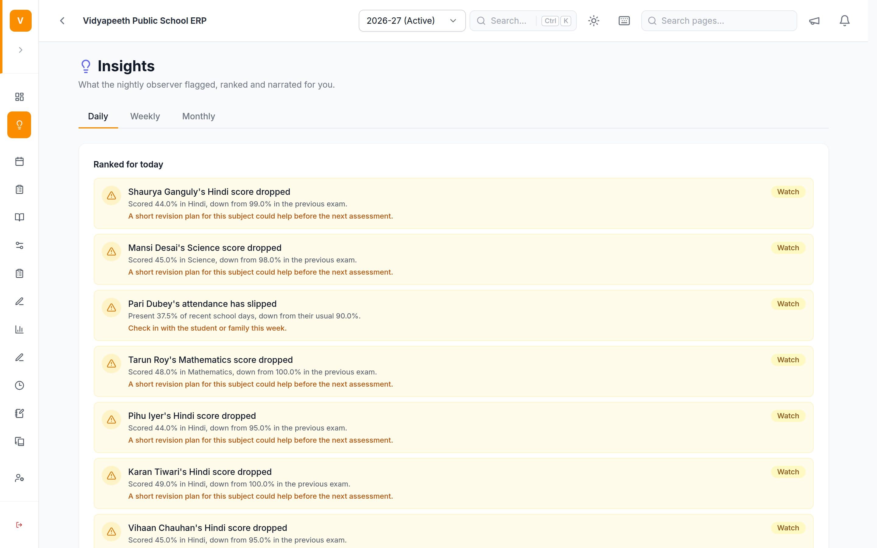 Insights list of students whose marks or attendance dropped