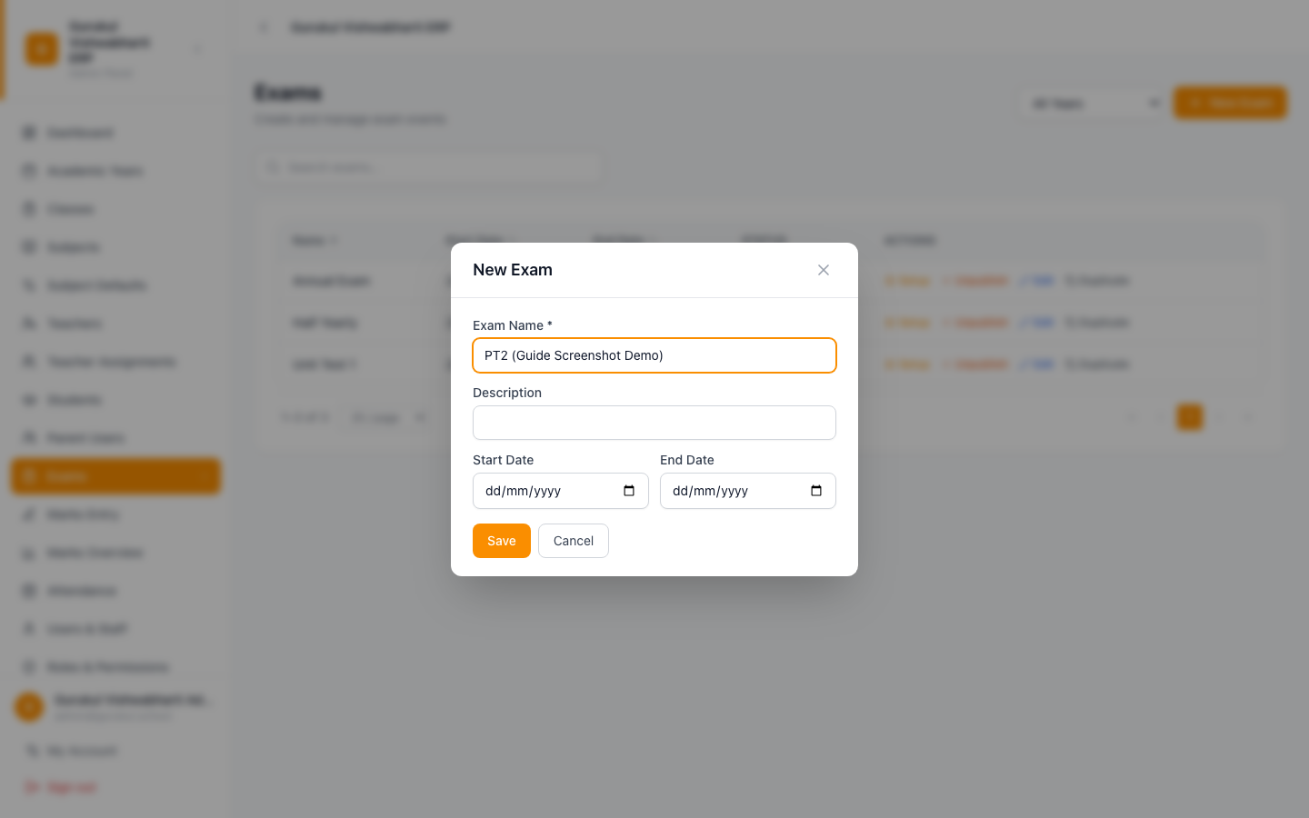 New Exam dialog with the name filled in