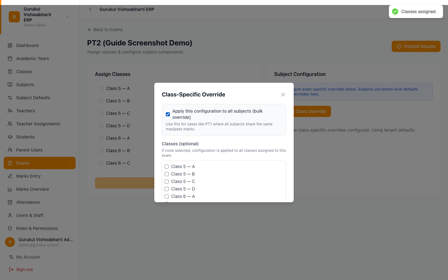 Class-Specific Override dialog with bulk mode ticked