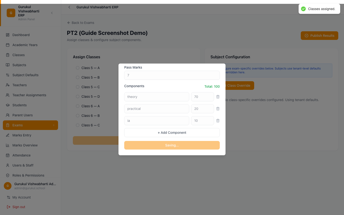 The saved override appearing under Class-Specific Overrides