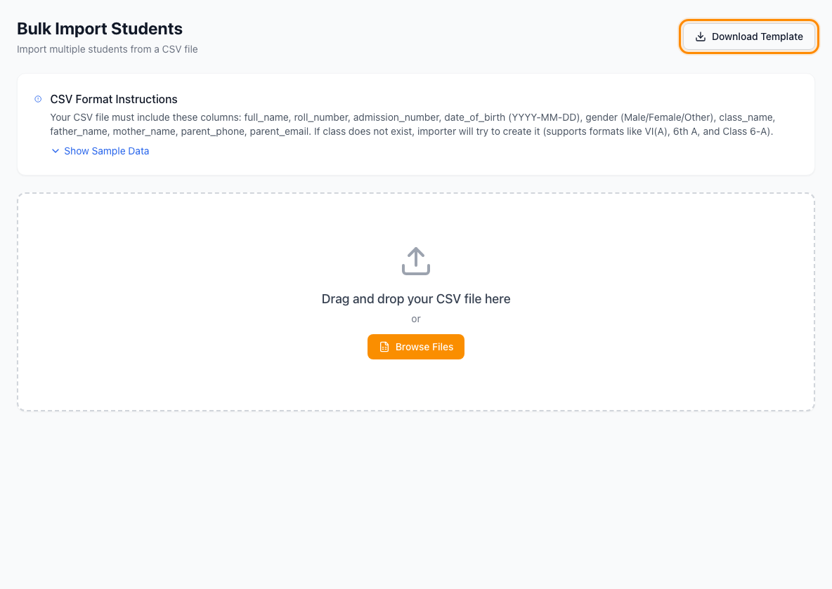 The Bulk Import Students screen, with Download Template highlighted