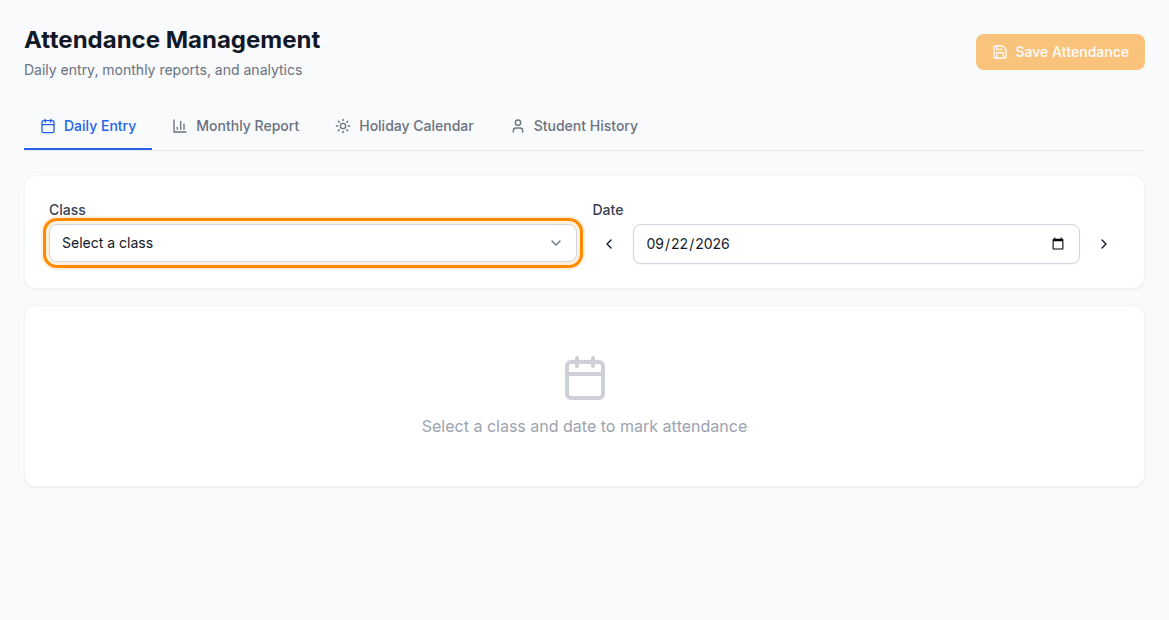 The Daily Entry tab before a class is chosen, with the Class selector highlighted