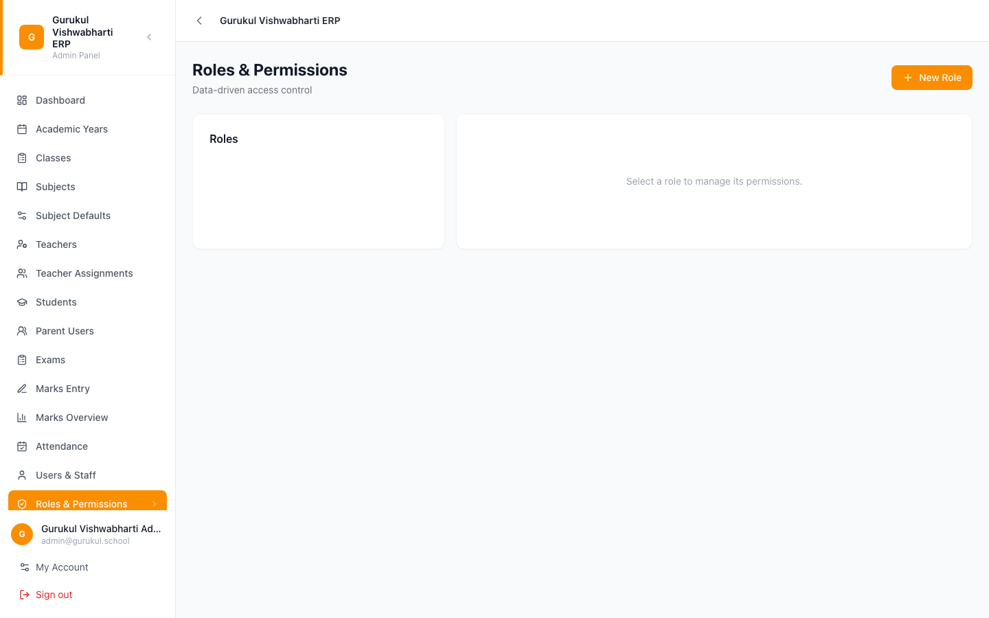 Roles & Permissions screen with three roles listed