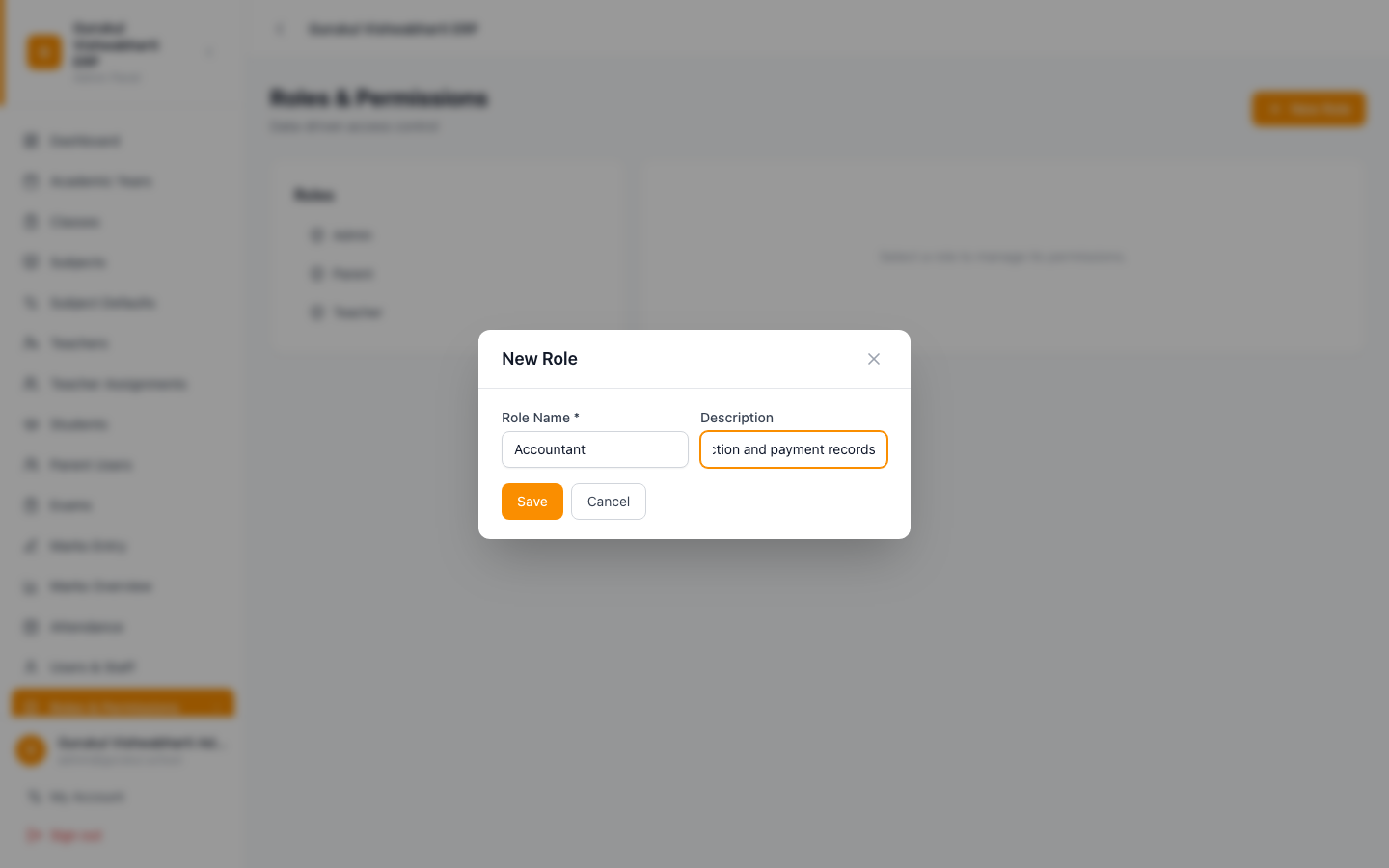 New Role dialog with name and description filled in