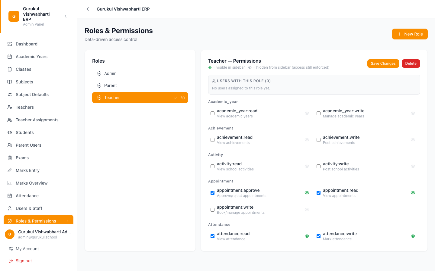 Teacher role's permissions panel, grouped by module, with some ticked