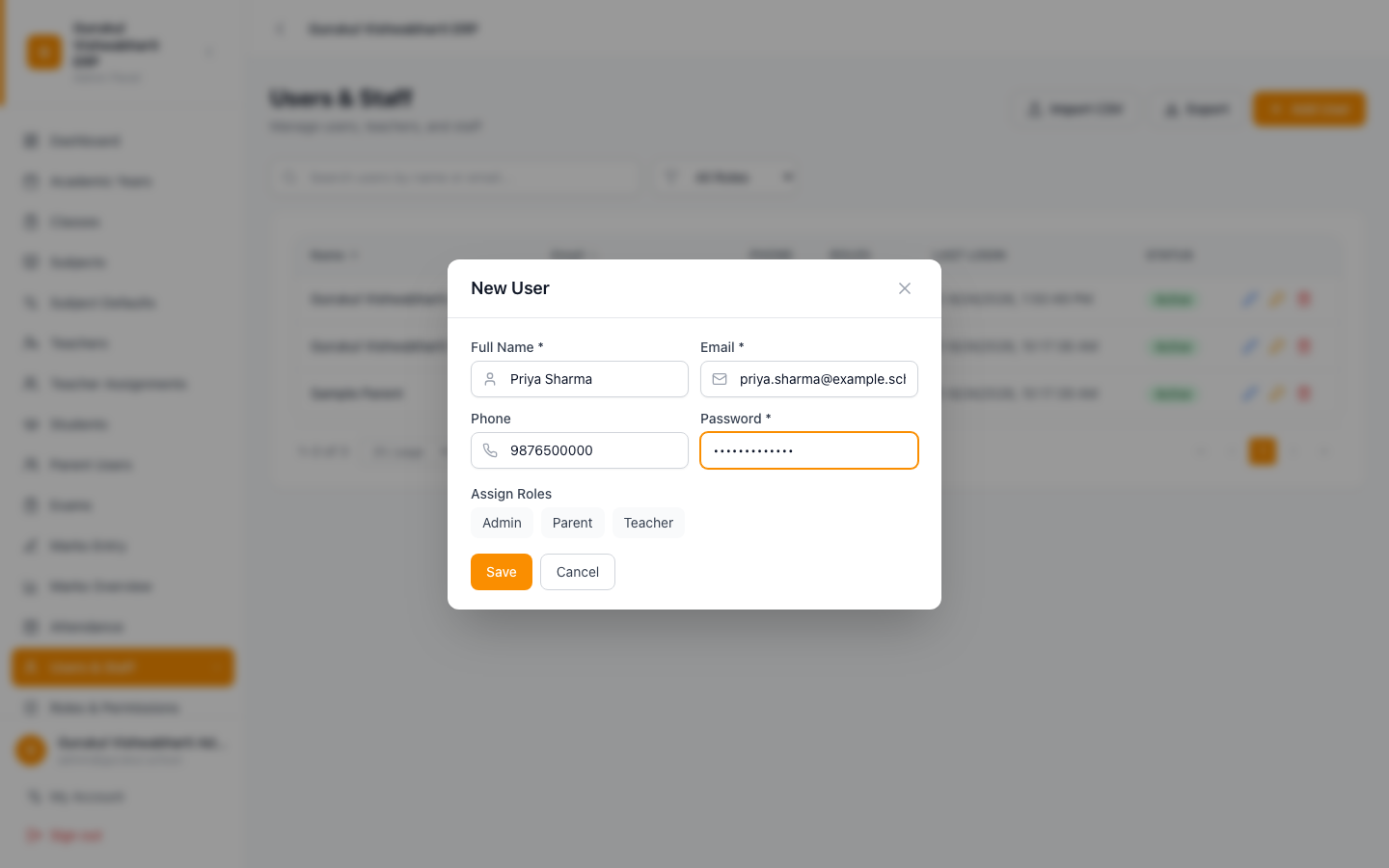 New User dialog filled in, with role checkboxes