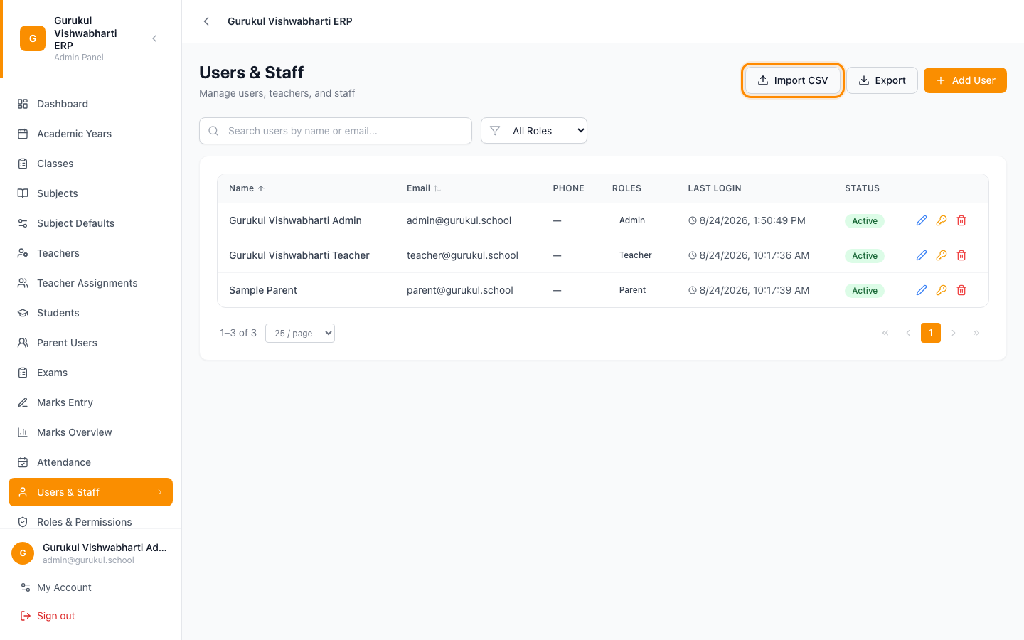 Import CSV control on the Users & Staff screen