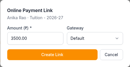 The Online Payment Link window, with the amount filled in from the balance